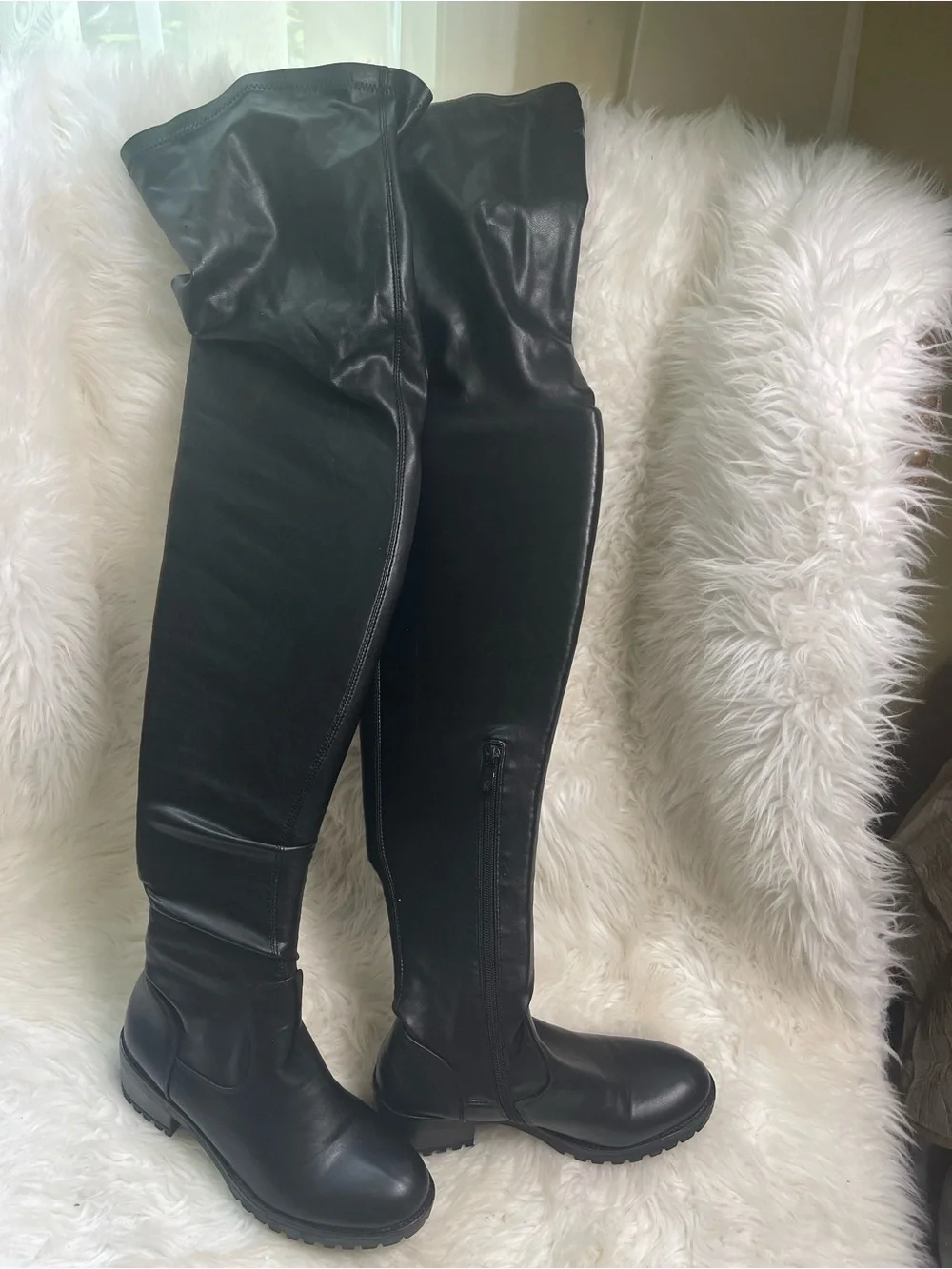Azalea Wang over the knee black vegan soft leather pull on boots low heels SZ7